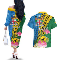 Personalised Malampa Fiji Day Couples Matching Off The Shoulder Long Sleeve Dress and Hawaiian Shirt Tropical Tapa Pattern LT01 - Polynesian Pride