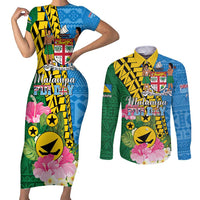 Personalised Malampa Fiji Day Couples Matching Short Sleeve Bodycon Dress and Long Sleeve Button Shirt Tropical Tapa Pattern LT01 Art - Polynesian Pride