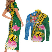 Personalised Malampa Fiji Day Couples Matching Short Sleeve Bodycon Dress and Long Sleeve Button Shirt Tropical Tapa Pattern LT01 - Polynesian Pride