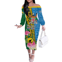 Personalised Malampa Fiji Day Family Matching Off The Shoulder Long Sleeve Dress and Hawaiian Shirt Tropical Tapa Pattern LT01 Mom's Dress Art - Polynesian Pride