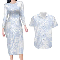 Samoa White Sunday Couples Matching Long Sleeve Bodycon Dress and Hawaiian Shirt Plumeria Floral LT01 White - Polynesian Pride
