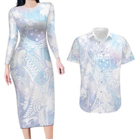 Samoa White Sunday Couples Matching Long Sleeve Bodycon Dress and Hawaiian Shirt Sweet Pastel Plumeria Floral LT01 White - Polynesian Pride