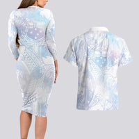 Samoa White Sunday Couples Matching Long Sleeve Bodycon Dress and Hawaiian Shirt Sweet Pastel Plumeria Floral LT01 - Polynesian Pride