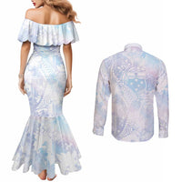 Samoa White Sunday Couples Matching Mermaid Dress and Long Sleeve Button Shirt Sweet Pastel Plumeria Floral LT01 - Polynesian Pride
