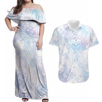 Samoa White Sunday Couples Matching Off Shoulder Maxi Dress and Hawaiian Shirt Sweet Pastel Plumeria Floral LT01 White - Polynesian Pride