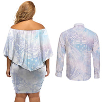 Samoa White Sunday Couples Matching Off Shoulder Short Dress and Long Sleeve Button Shirt Sweet Pastel Plumeria Floral LT01 - Polynesian Pride