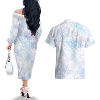 Samoa White Sunday Couples Matching Off The Shoulder Long Sleeve Dress and Hawaiian Shirt Sweet Pastel Plumeria Floral LT01 - Polynesian Pride