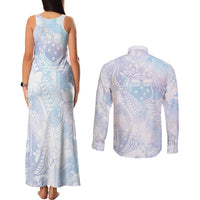 Samoa White Sunday Couples Matching Tank Maxi Dress and Long Sleeve Button Shirt Sweet Pastel Plumeria Floral LT01 - Polynesian Pride