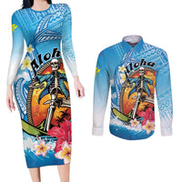 Personalized Aloha Hawaii Skeleton Surfing Couples Matching Long Sleeve Bodycon Dress and Long Sleeve Button Shirt Tribal Shark Plumeria LT01 Blue - Polynesian Pride