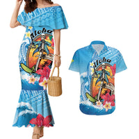 Personalized Aloha Hawaii Skeleton Surfing Couples Matching Mermaid Dress and Hawaiian Shirt Tribal Shark Plumeria LT01 Blue - Polynesian Pride