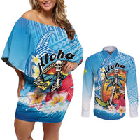 Personalized Aloha Hawaii Skeleton Surfing Couples Matching Off Shoulder Short Dress and Long Sleeve Button Shirt Tribal Shark Plumeria LT01 Blue - Polynesian Pride