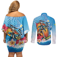 Personalized Aloha Hawaii Skeleton Surfing Couples Matching Off Shoulder Short Dress and Long Sleeve Button Shirt Tribal Shark Plumeria LT01 - Polynesian Pride