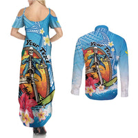 Personalized Aloha Hawaii Skeleton Surfing Couples Matching Summer Maxi Dress and Long Sleeve Button Shirt Tribal Shark Plumeria LT01 - Polynesian Pride