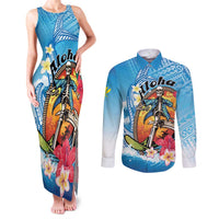 Personalized Aloha Hawaii Skeleton Surfing Couples Matching Tank Maxi Dress and Long Sleeve Button Shirt Tribal Shark Plumeria LT01 Blue - Polynesian Pride