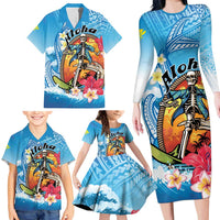 Personalized Aloha Hawaii Skeleton Surfing Family Matching Long Sleeve Bodycon Dress and Hawaiian Shirt Tribal Shark Plumeria LT01 - Polynesian Pride