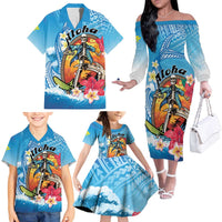 Personalized Aloha Hawaii Skeleton Surfing Family Matching Off The Shoulder Long Sleeve Dress and Hawaiian Shirt Tribal Shark Plumeria LT01 - Polynesian Pride