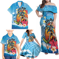 Personalized Aloha Hawaii Skeleton Surfing Family Matching Off Shoulder Maxi Dress and Hawaiian Shirt Tribal Shark Plumeria LT01 - Polynesian Pride