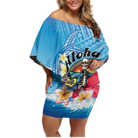 Personalized Aloha Hawaii Skeleton Surfing Family Matching Off Shoulder Short Dress and Hawaiian Shirt Tribal Shark Plumeria LT01 Mom's Dress Blue - Polynesian Pride
