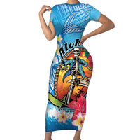 Personalized Aloha Hawaii Skeleton Surfing Family Matching Short Sleeve Bodycon Dress and Hawaiian Shirt Tribal Shark Plumeria LT01 Mom's Dress Blue - Polynesian Pride
