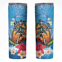 Personalized Aloha Hawaii Skeleton Surfing Skinny Tumbler Tribal Shark Plumeria LT01 Blue - Polynesian Pride