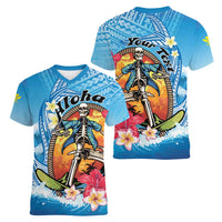 Personalized Aloha Hawaii Skeleton Surfing Women V-Neck T-Shirt Tribal Shark Plumeria LT01 - Polynesian Pride