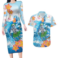 Personalized Hawaii Hula Girl Skeleton Dancing Couples Matching Long Sleeve Bodycon Dress and Hawaiian Shirt Hibiscus Tribal Shark LT01 Blue - Polynesian Pride