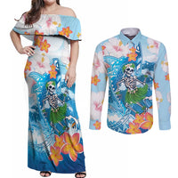 Personalized Hawaii Hula Girl Skeleton Dancing Couples Matching Off Shoulder Maxi Dress and Long Sleeve Button Shirt Hibiscus Tribal Shark LT01 Blue - Polynesian Pride