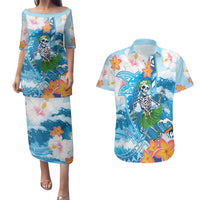 Personalized Hawaii Hula Girl Skeleton Dancing Couples Matching Puletasi and Hawaiian Shirt Hibiscus Tribal Shark LT01 Blue - Polynesian Pride