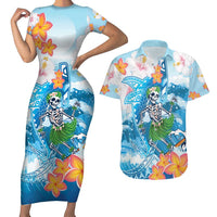 Personalized Hawaii Hula Girl Skeleton Dancing Couples Matching Short Sleeve Bodycon Dress and Hawaiian Shirt Hibiscus Tribal Shark LT01 Blue - Polynesian Pride