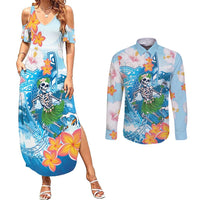 Personalized Hawaii Hula Girl Skeleton Dancing Couples Matching Summer Maxi Dress and Long Sleeve Button Shirt Hibiscus Tribal Shark LT01 Blue - Polynesian Pride