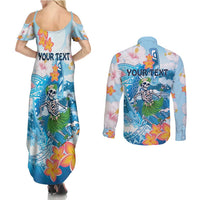 Personalized Hawaii Hula Girl Skeleton Dancing Couples Matching Summer Maxi Dress and Long Sleeve Button Shirt Hibiscus Tribal Shark LT01 - Polynesian Pride