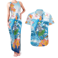 Personalized Hawaii Hula Girl Skeleton Dancing Couples Matching Tank Maxi Dress and Hawaiian Shirt Hibiscus Tribal Shark LT01 Blue - Polynesian Pride