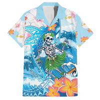 Personalized Hawaii Hula Girl Skeleton Dancing Family Matching Puletasi and Hawaiian Shirt Hibiscus Tribal Shark LT01 Dad's Shirt - Short Sleeve Blue - Polynesian Pride