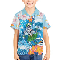 Personalized Hawaii Hula Girl Skeleton Dancing Family Matching Tank Maxi Dress and Hawaiian Shirt Hibiscus Tribal Shark LT01 Son's Shirt Blue - Polynesian Pride