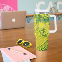 Kia Orana Cook Islands Tumbler With Handle Turtle Yellow Green Polynesian Pattern