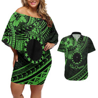 Kia Orana Cook Islands Couples Matching Off Shoulder Short Dress and Hawaiian Shirt Circle Stars With Floral Green Pattern LT01 Green - Polynesian Pride