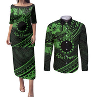 Kia Orana Cook Islands Couples Matching Puletasi Dress and Long Sleeve Button Shirt Circle Stars With Floral Green Pattern LT01 Green - Polynesian Pride