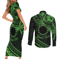 Kia Orana Cook Islands Couples Matching Short Sleeve Bodycon Dress and Long Sleeve Button Shirt Circle Stars With Floral Green Pattern LT01 - Polynesian Pride