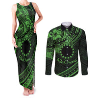 Kia Orana Cook Islands Couples Matching Tank Maxi Dress and Long Sleeve Button Shirt Circle Stars With Floral Green Pattern LT01 Green - Polynesian Pride
