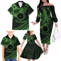 Kia Orana Cook Islands Family Matching Off Shoulder Long Sleeve Dress and Hawaiian Shirt Circle Stars With Floral Green Pattern LT01 - Polynesian Pride