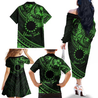 Kia Orana Cook Islands Family Matching Off Shoulder Long Sleeve Dress and Hawaiian Shirt Circle Stars With Floral Green Pattern LT01 - Polynesian Pride