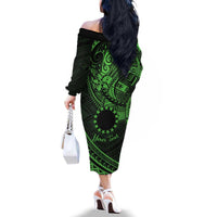 Kia Orana Cook Islands Family Matching Off Shoulder Long Sleeve Dress and Hawaiian Shirt Circle Stars With Floral Green Pattern LT01 - Polynesian Pride