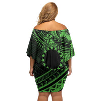 Kia Orana Cook Islands Family Matching Off Shoulder Short Dress and Hawaiian Shirt Circle Stars With Floral Green Pattern LT01 - Polynesian Pride