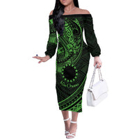 Kia Orana Cook Islands Off The Shoulder Long Sleeve Dress Circle Stars With Floral Green Pattern LT01