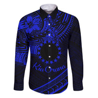 Kia Orana Cook Islands Family Matching Off Shoulder Maxi Dress and Hawaiian Shirt Circle Stars With Floral Navy Blue Pattern LT01 Dad's Shirt - Long Sleeve Blue - Polynesian Pride
