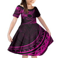 Kia Orana Cook Islands Family Matching Off Shoulder Maxi Dress and Hawaiian Shirt Circle Stars With Floral Pink Pattern LT01 Daughter's Dress Pink - Polynesian Pride