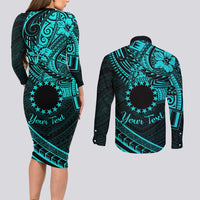 Kia Orana Cook Islands Couples Matching Long Sleeve Bodycon Dress and Long Sleeve Button Shirt Circle Stars With Floral Turquoise Pattern LT01 - Polynesian Pride
