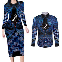 Personalised Aotearoa Matariki Couples Matching Long Sleeve Bodycon Dress and Long Sleeve Button Shirt Blue Fern Maori Poutama LT01 Blue - Polynesian Pride