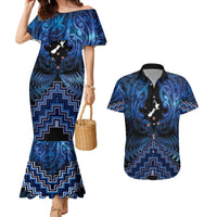 Personalised Aotearoa Matariki Couples Matching Mermaid Dress and Hawaiian Shirt Blue Fern Maori Poutama LT01 Blue - Polynesian Pride