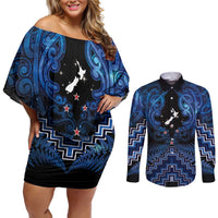 Personalised Aotearoa Matariki Couples Matching Off Shoulder Short Dress and Long Sleeve Button Shirt Blue Fern Maori Poutama LT01 Blue - Polynesian Pride